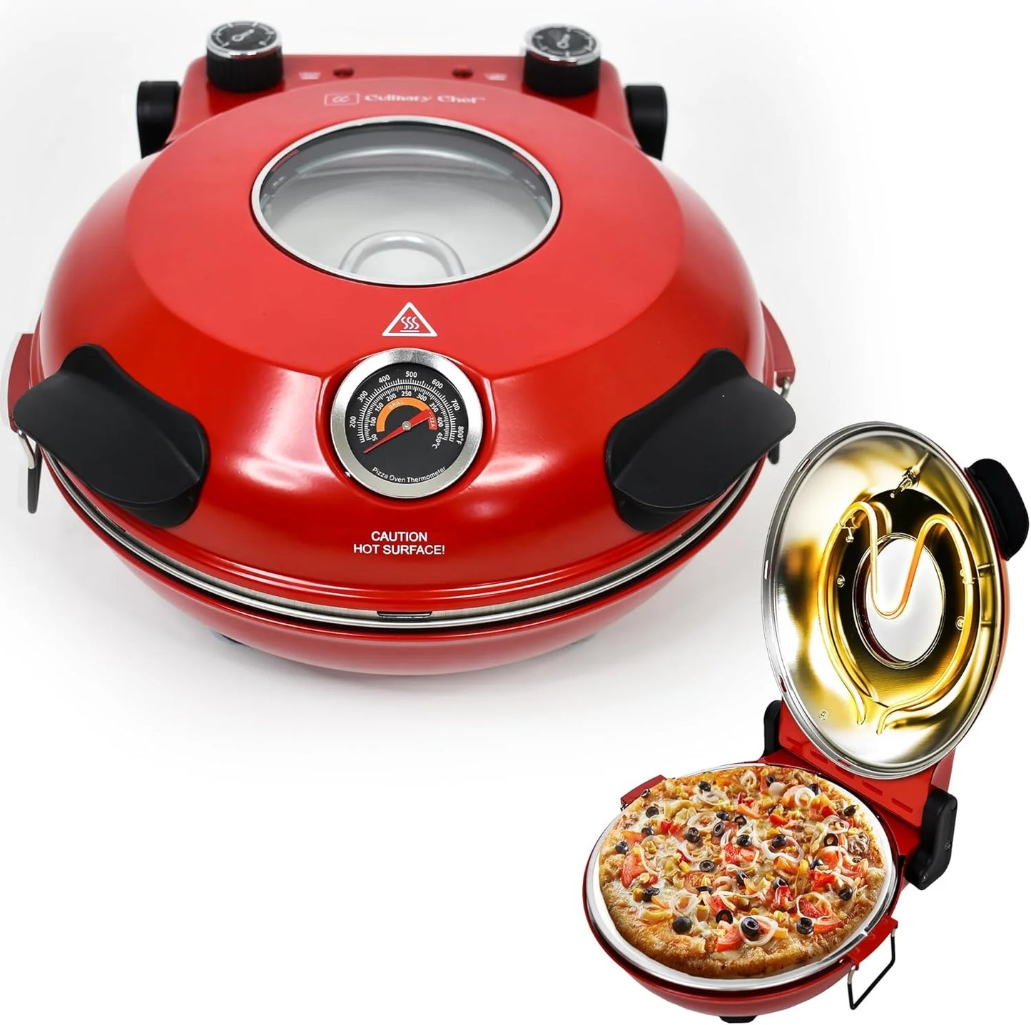 Electric Pizza Oven with Ceramic Stone, Viewing Window, Adjustable Heat Control, Timer and 1200W Baking Power, DIY Homemade Pizzeria, Large 12ā Pie Capacity (Black)