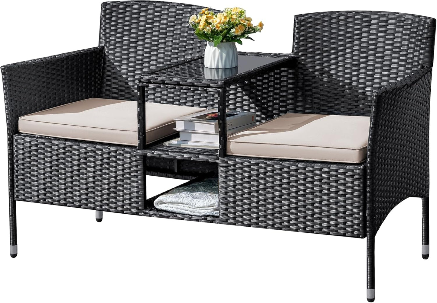 Outdoor Furniture Patio Loveseat Wicker 2-Seat with Built-in Table and Cushions Rattan Porch Chairs Bench for Balcony, Lawn, Backyard (Beige)