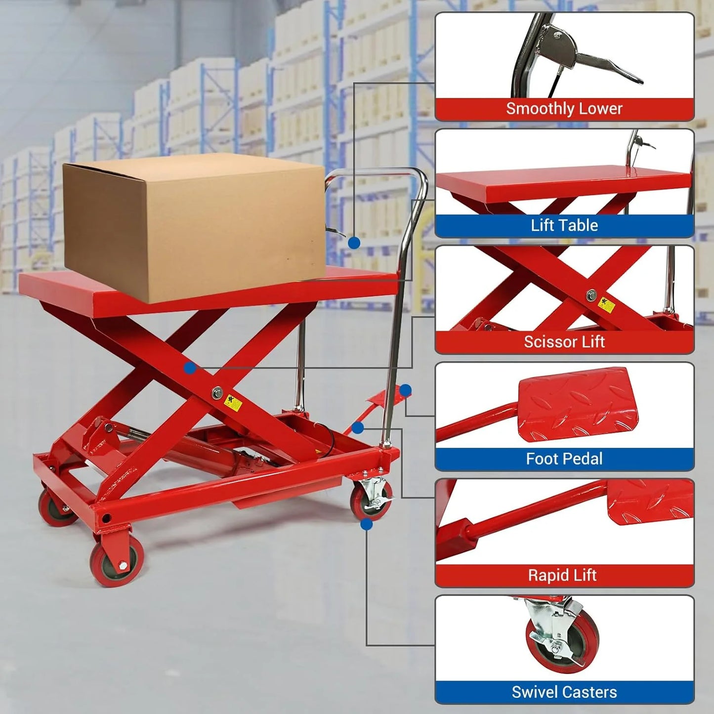 Hydraulic Lift Table Cart – 31" Lift Height, Double Scissor Design with 4 Wheels & Non-Slip Pad for Material Handling