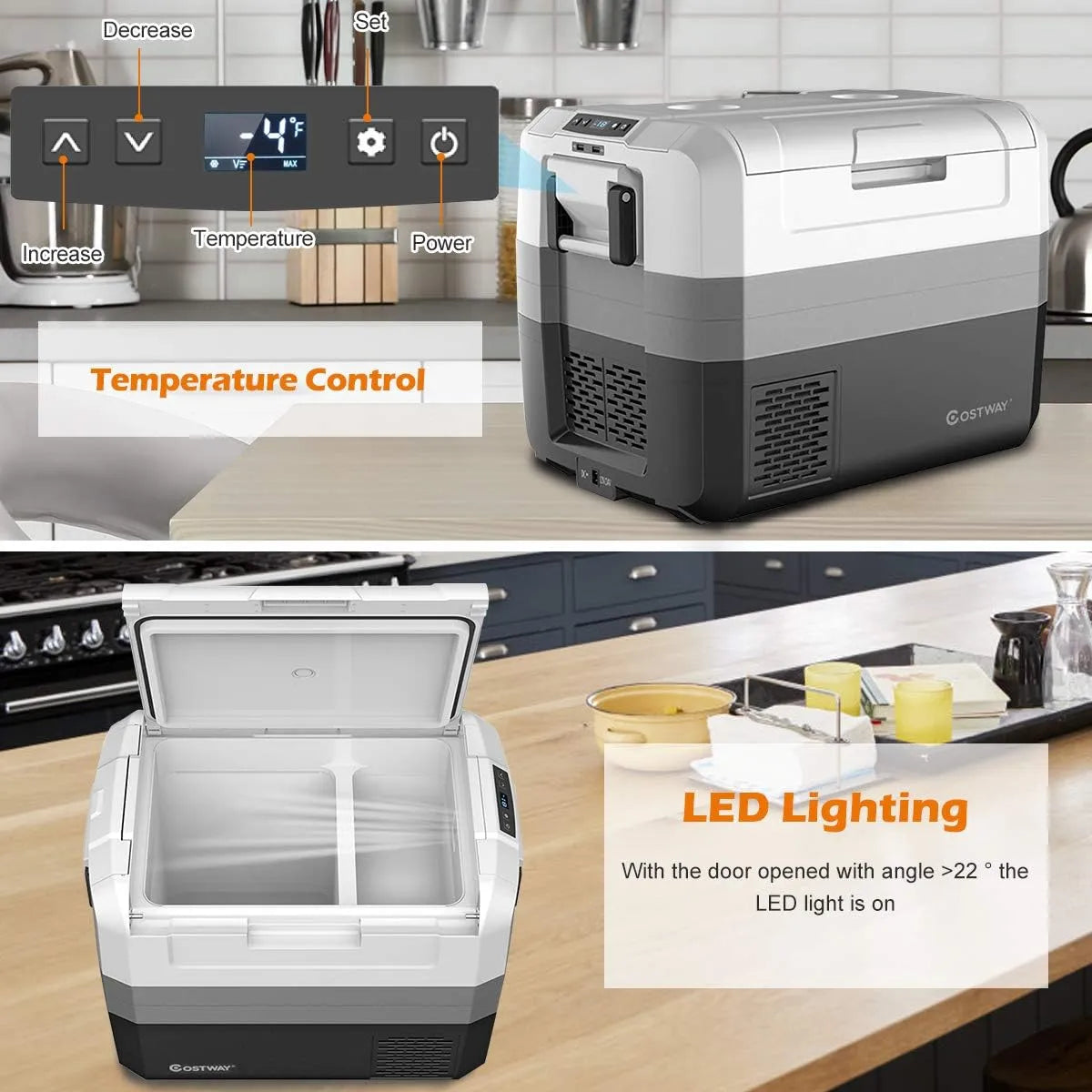 Portable Car Refrigerator, -14.8℃ to 50℃, 58-Quart Compressor Travel Fridge with Two-way Open Door, Operating Panel, Groove Design, Compact RV Freezer and Cooler for Outdoor and Home Use