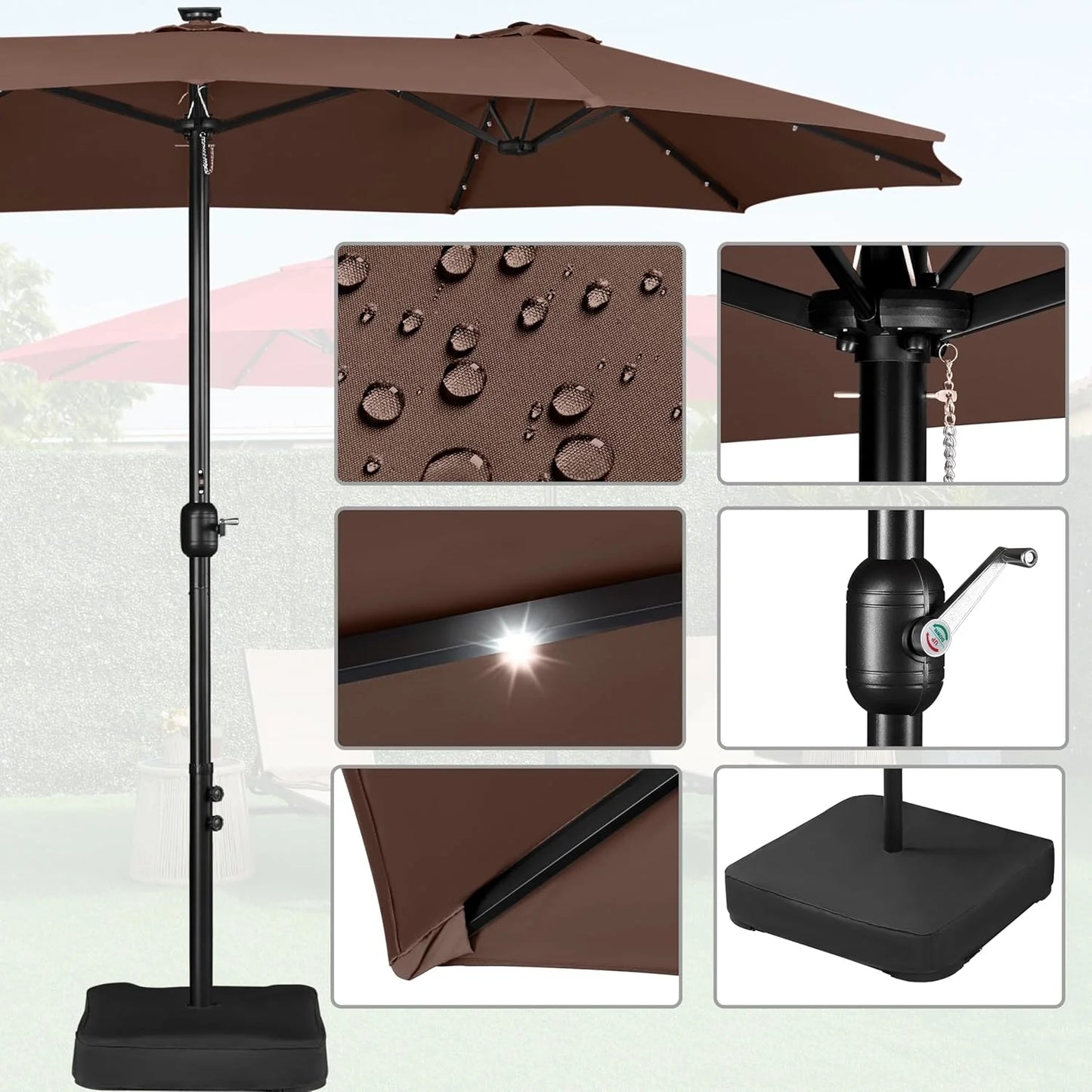 15 ft Large Patio Umbrella with Solar Lights Double-Sided Outdoor Rectangle Market Umbrellas with 36 LED Lights/Base Included/Easy Crank for Patio Garden Yard Pool Lawn, Brown