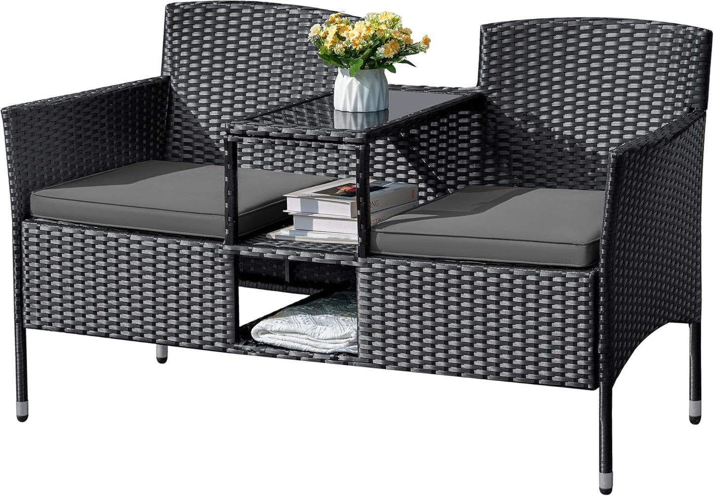 Outdoor Furniture Patio Loveseat Wicker 2-Seat with Built-in Table and Cushions Rattan Porch Chairs Bench for Balcony, Lawn, Backyard (Beige)