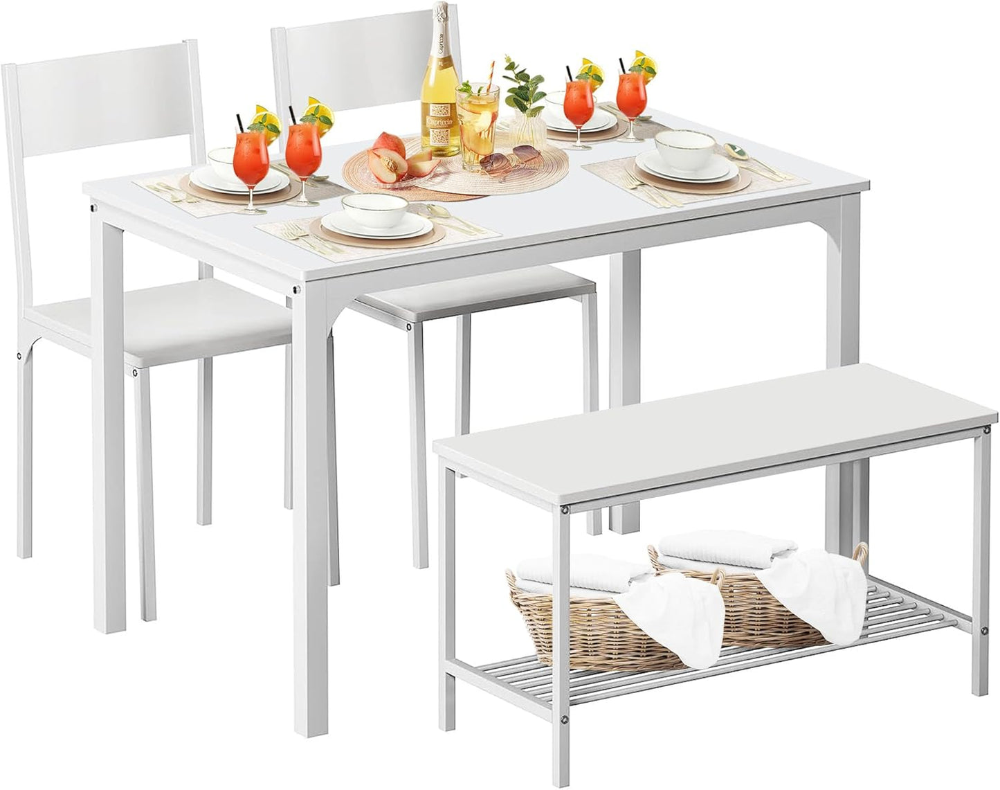 Dining Table and Chairs Dining Table Set with 2 Chairs and 1 Bench Bar Set Kitchen Table and Chairs for Dining Room Bistro Set，Pure White