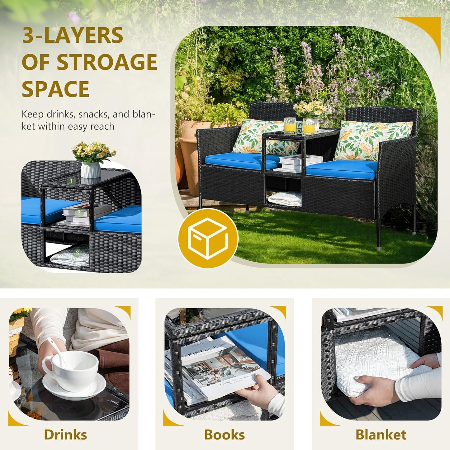 Outdoor Furniture Patio Loveseat Wicker 2-Seat with Built-in Table and Cushions Rattan Porch Chairs Bench for Balcony, Lawn, Backyard (Beige)