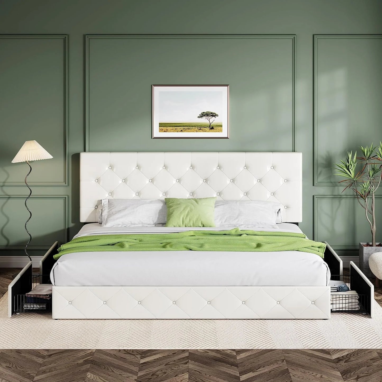 Upholstered Queen Size Platform Bed Frame with 4 Storage Drawers and Headboard, Square Stitched Button Tufted, Mattress Foundation with Wooden Slats Support, No Box Spring Needed, Light Grey