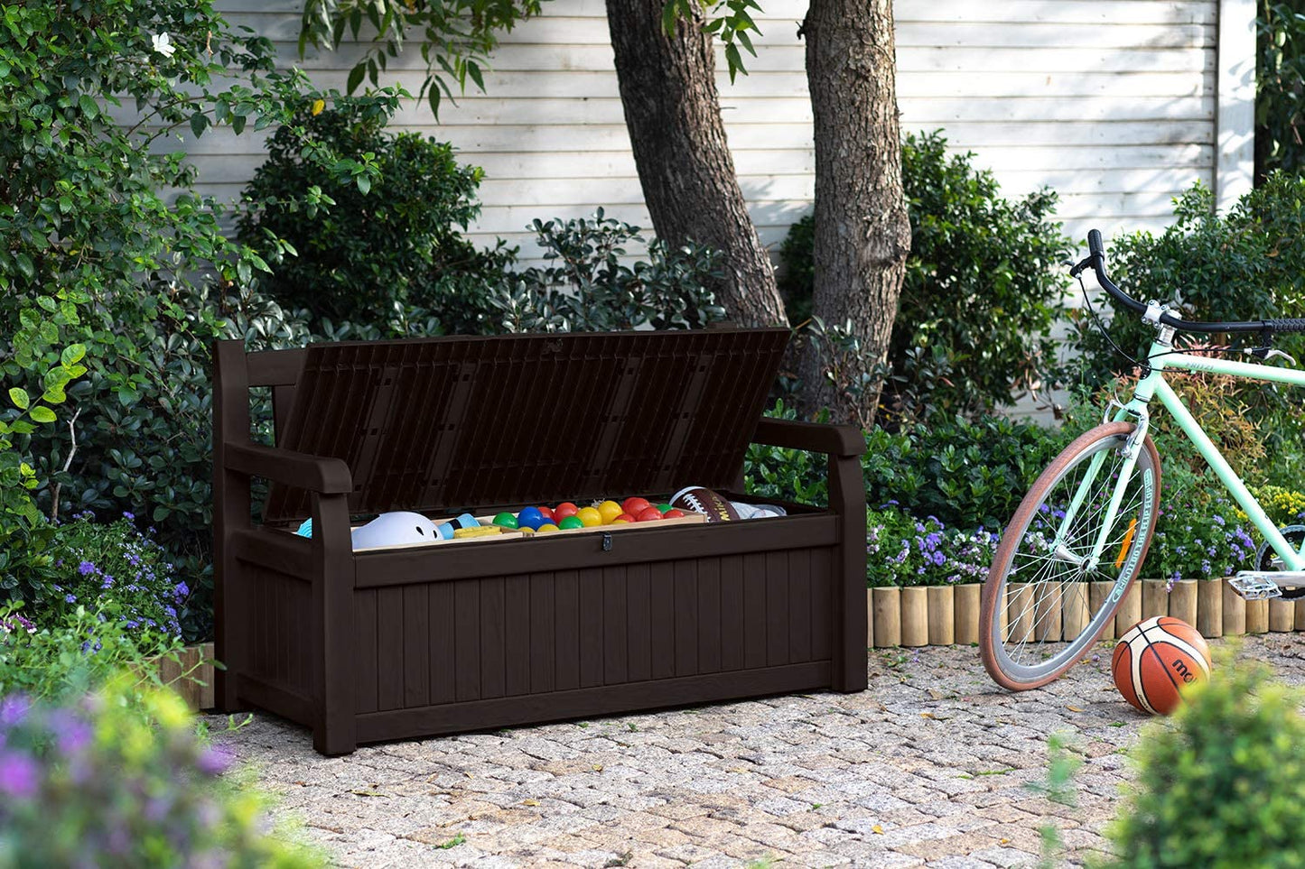 70 Gallon Storage Bench Deck Box for Patio Furniture, Front Porch Decor and Outdoor Seating �� Perfect to Store Garden Tools and Pool Toys, Brown