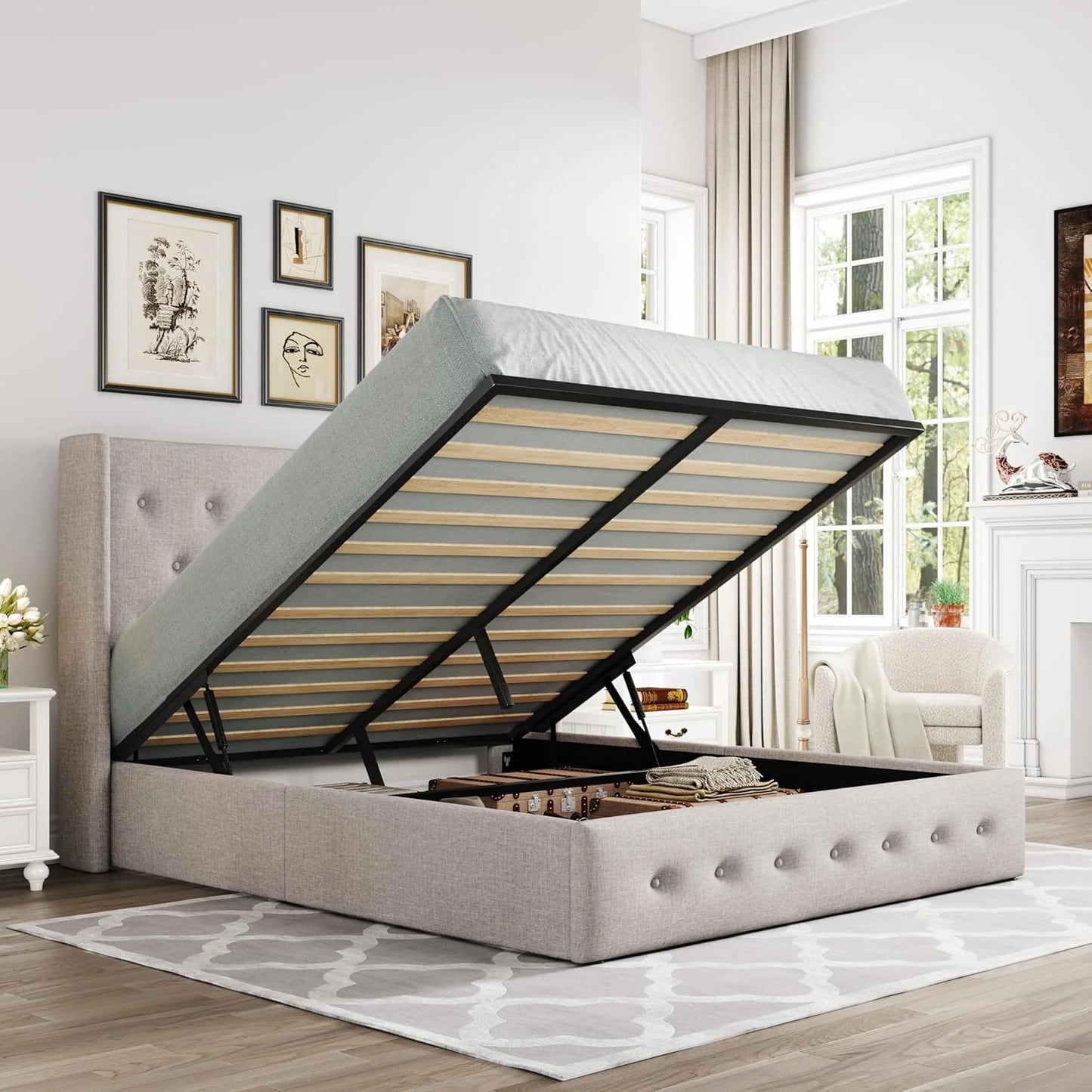 Queen Size Lift Up Storage Bed, Modern Wingback Headboard, Hydraulic Support, No Box Spring Needed, Light Beige