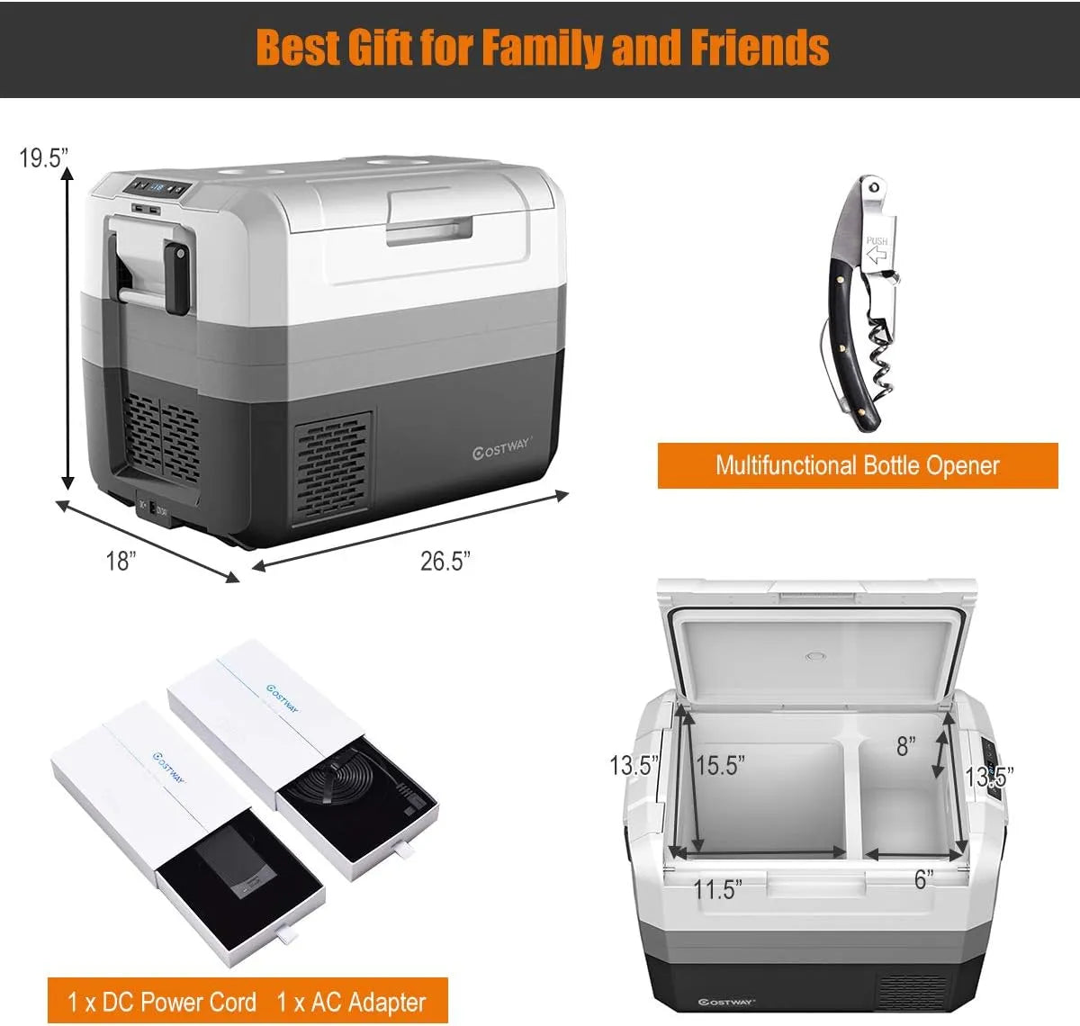 Portable Car Refrigerator, -14.8℃ to 50℃, 58-Quart Compressor Travel Fridge with Two-way Open Door, Operating Panel, Groove Design, Compact RV Freezer and Cooler for Outdoor and Home Use