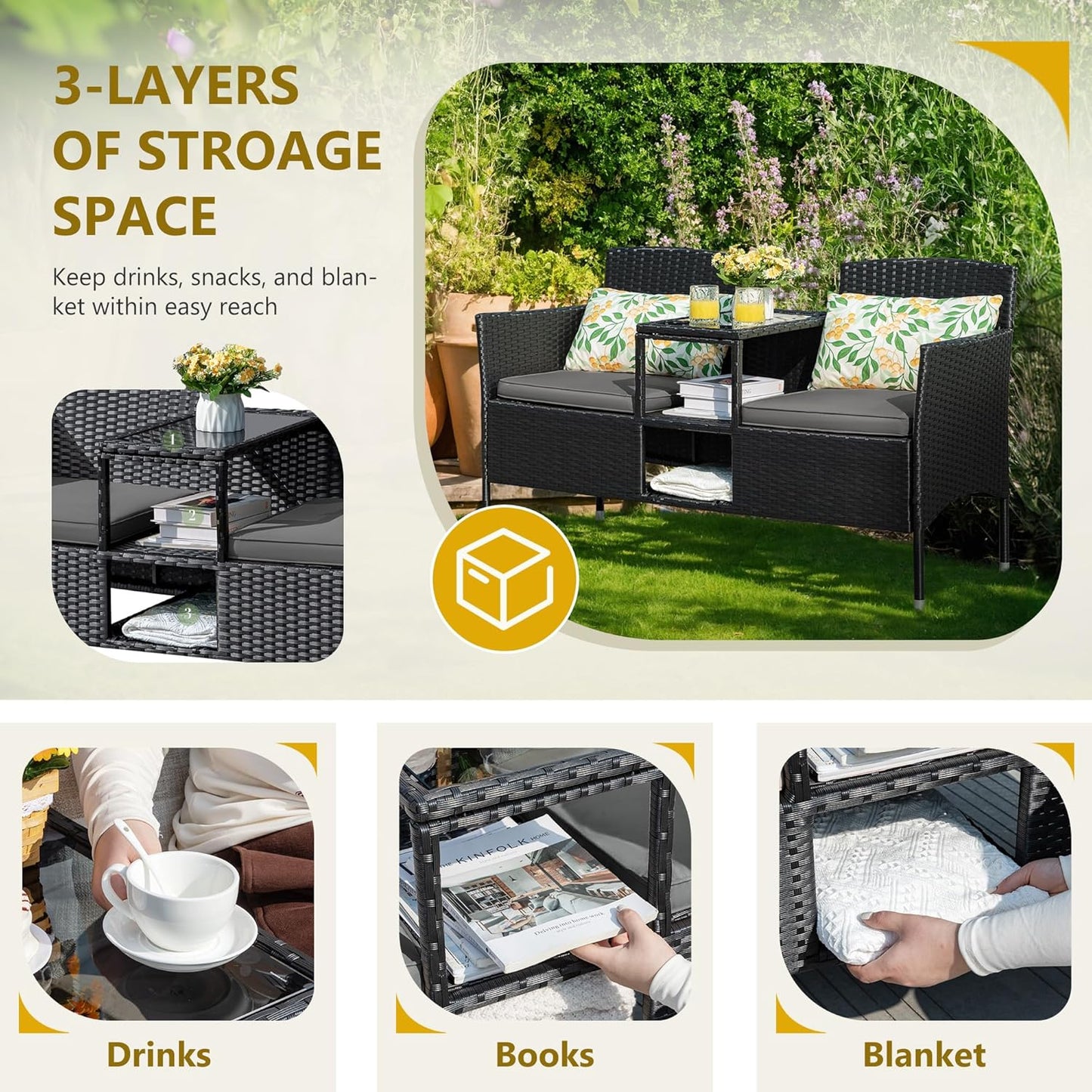 Outdoor Furniture Patio Loveseat Wicker 2-Seat with Built-in Table and Cushions Rattan Porch Chairs Bench for Balcony, Lawn, Backyard (Beige)