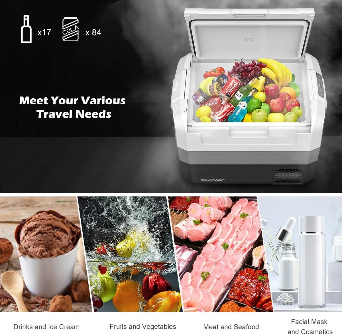 Portable Car Refrigerator, -14.8℃ to 50℃, 58-Quart Compressor Travel Fridge with Two-way Open Door, Operating Panel, Groove Design, Compact RV Freezer and Cooler for Outdoor and Home Use