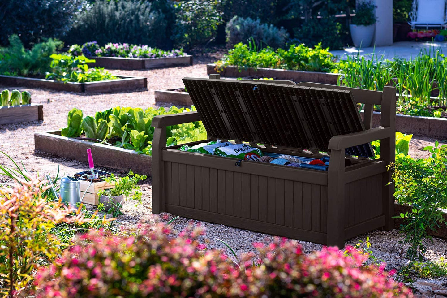 70 Gallon Storage Bench Deck Box for Patio Furniture, Front Porch Decor and Outdoor Seating �� Perfect to Store Garden Tools and Pool Toys, Brown