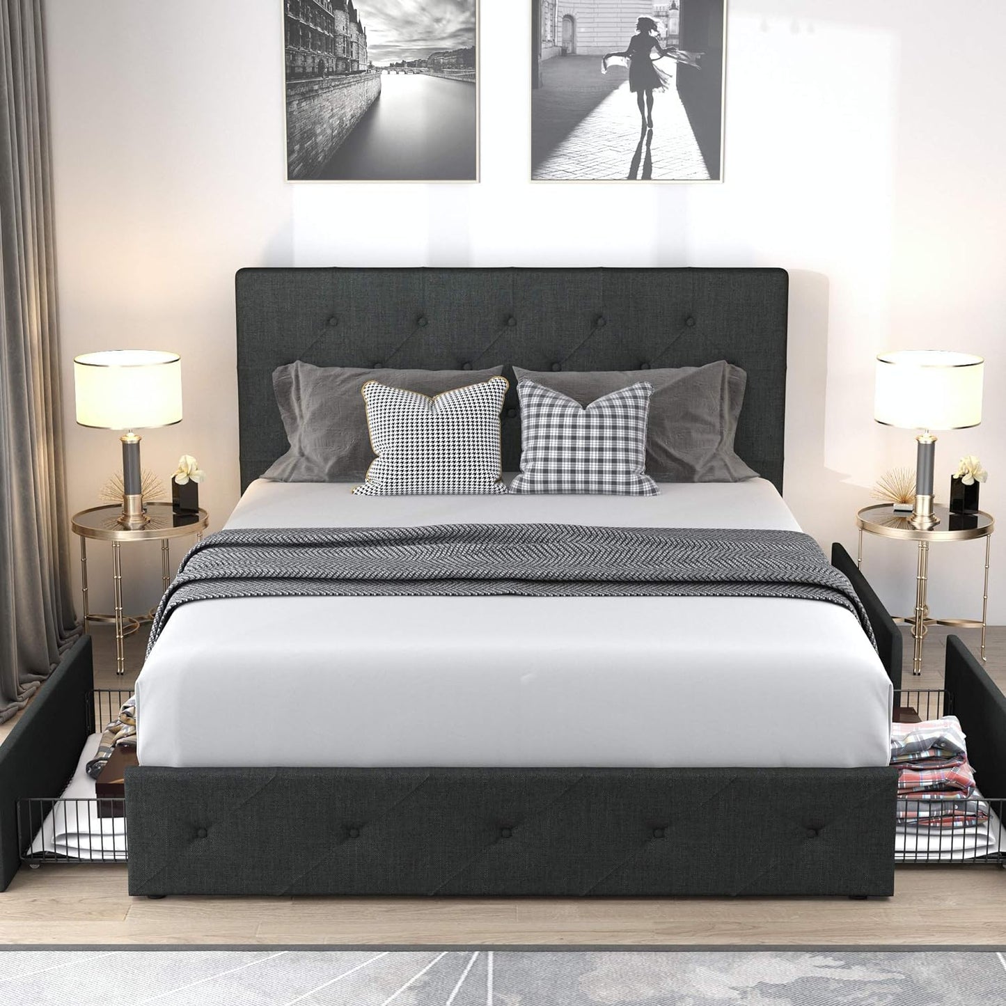 Upholstered Queen Size Platform Bed Frame with 4 Storage Drawers and Headboard, Square Stitched Button Tufted, Mattress Foundation with Wooden Slats Support, No Box Spring Needed, Light Grey