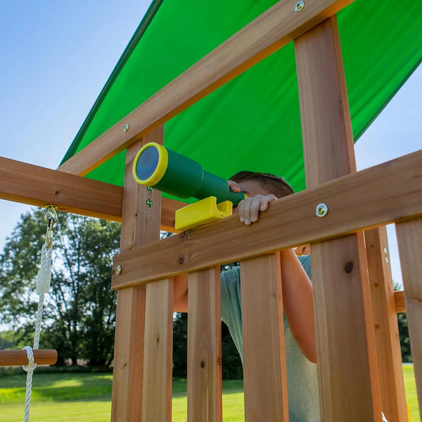 Mount Mckinley Cedar Wood Swing Set with Wave Slide, Play Deck, Double Rock Wall, Rope Ladder, Web Swing, Belt Swings, Toy Telescope, Steering Wheel, Sandbox Area, Outdoor Playset